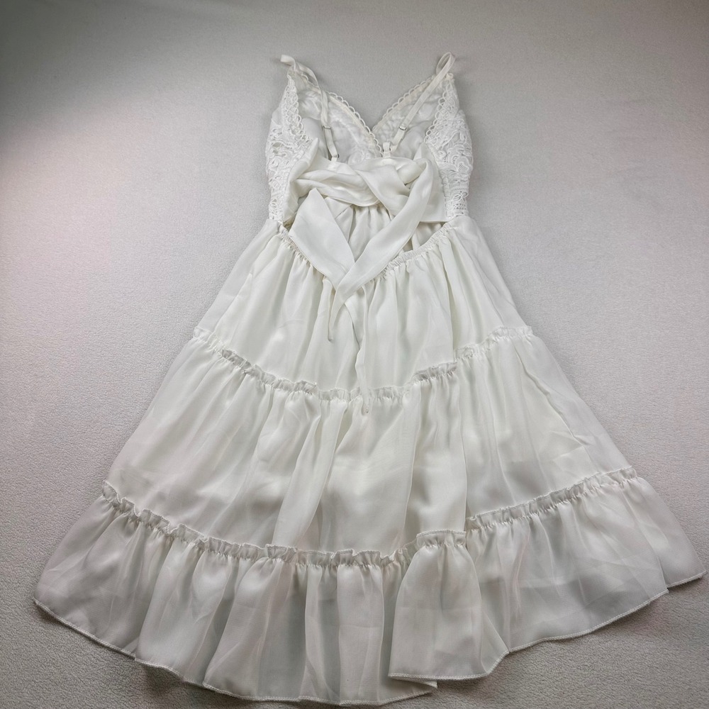 Crochet Lace Tiered Midi Dress Boho Back Bow Sun Sz M Coastal Cottagecore Bridal - Picture 7 of 11